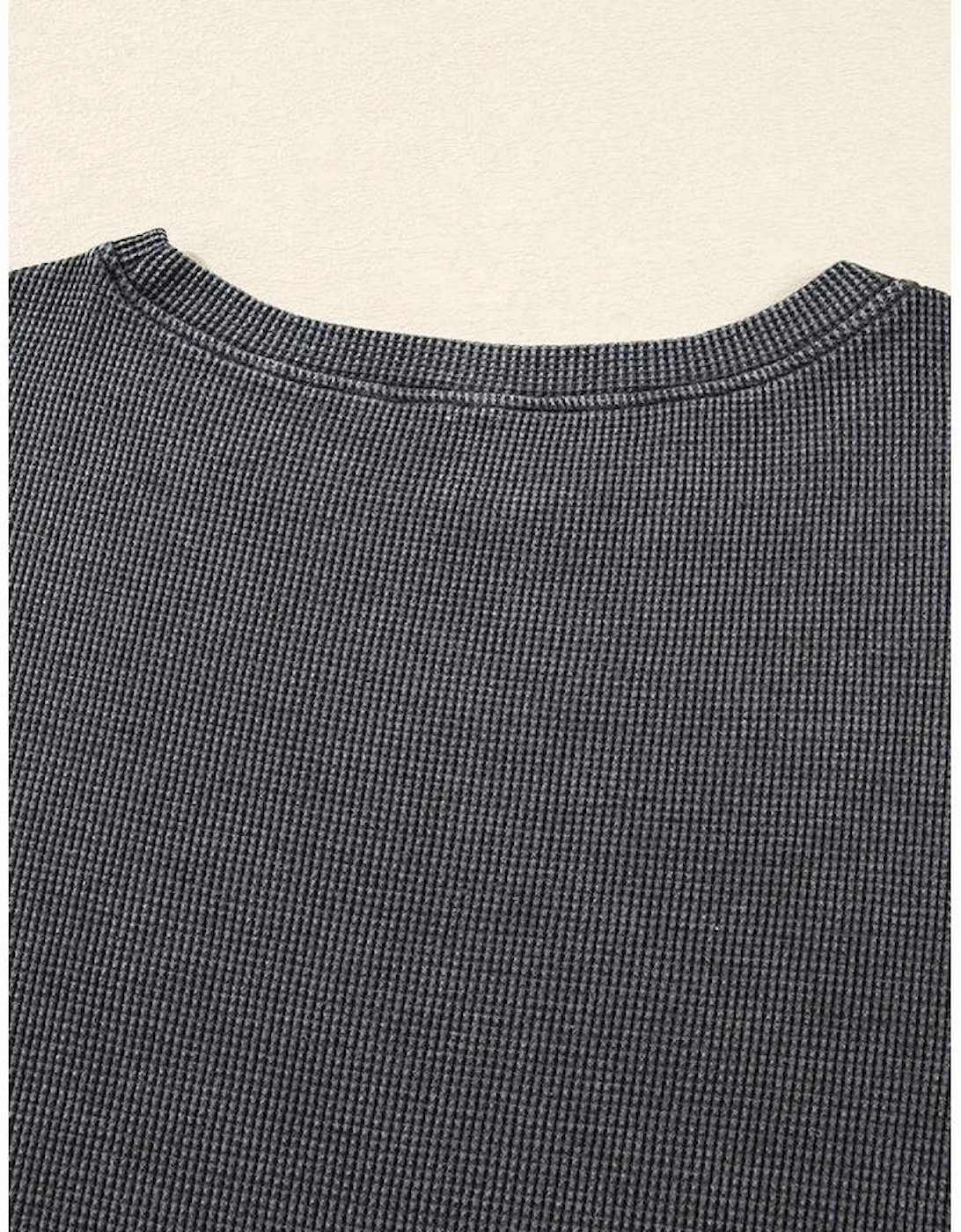 Dark Grey Waffle Knit Patchwork Long Sleeve Loose Top