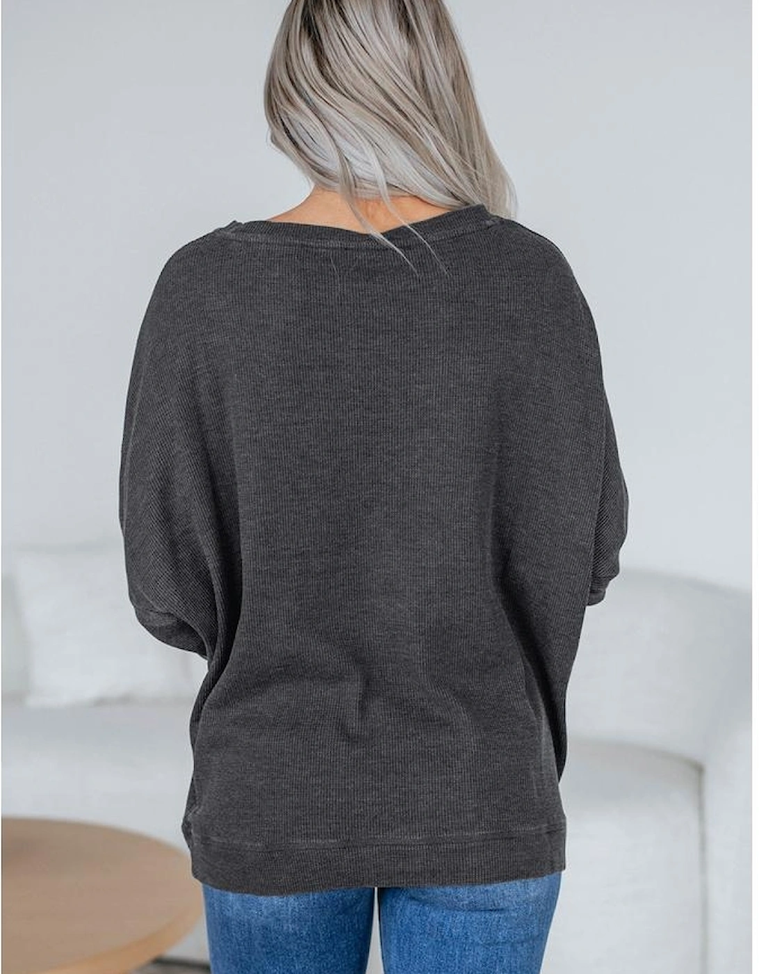 Dark Grey Waffle Knit Patchwork Long Sleeve Loose Top, 11 of 10