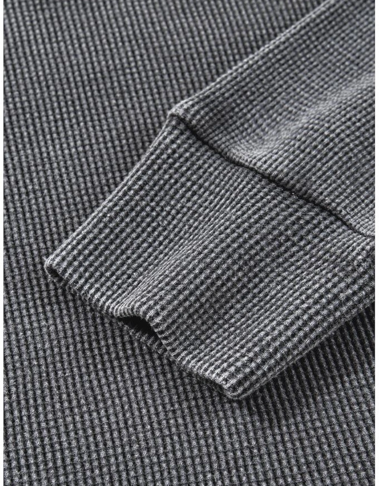 Dark Grey Waffle Knit Patchwork Long Sleeve Loose Top