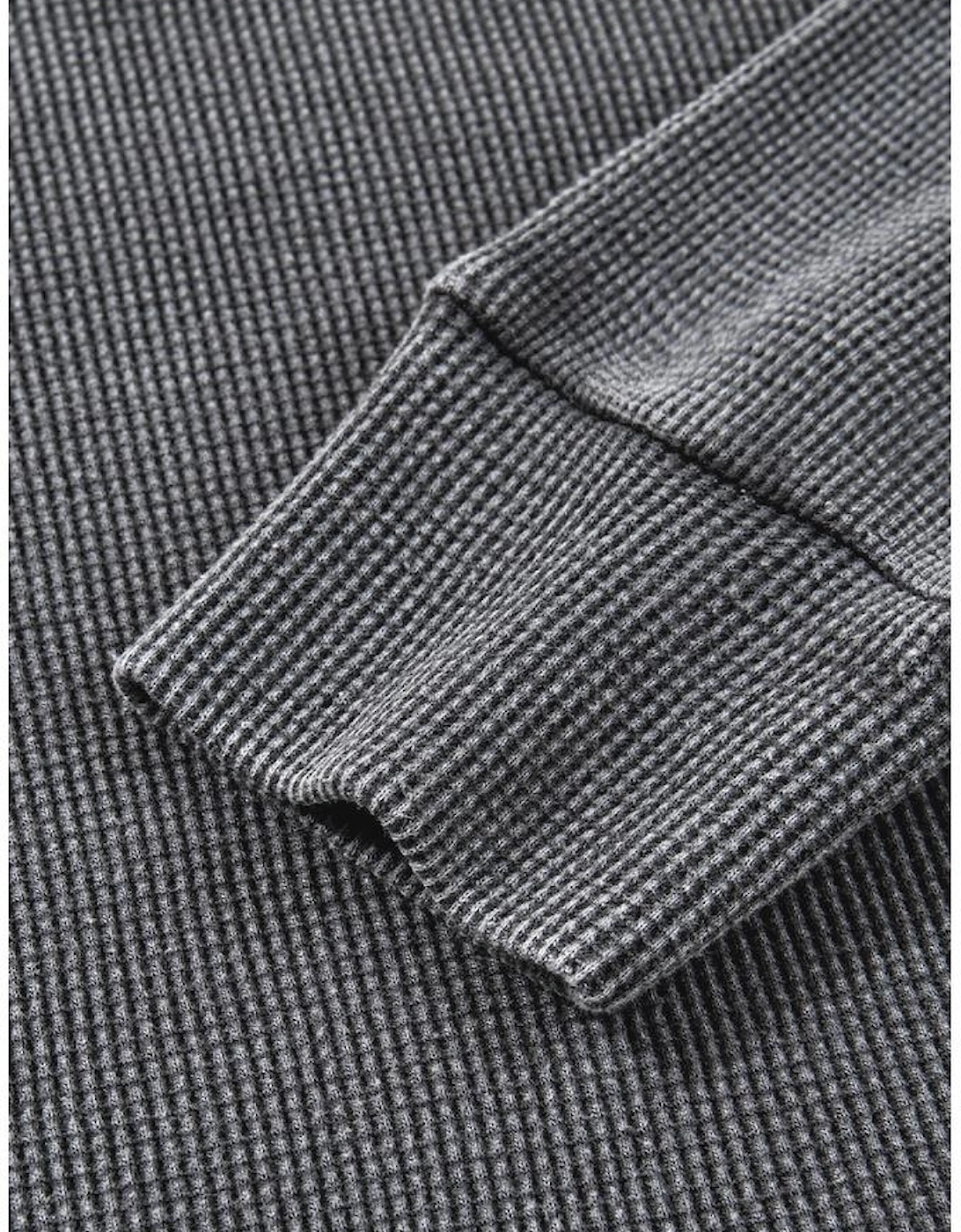 Dark Grey Waffle Knit Patchwork Long Sleeve Loose Top