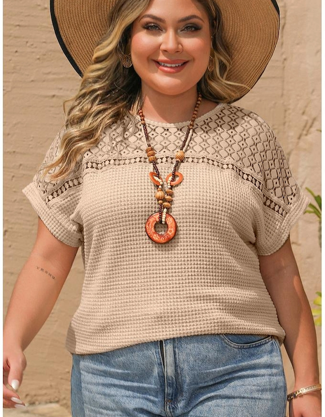 Oatmeal Lace Patchwork Waffle Short Sleeve Plus Size Top