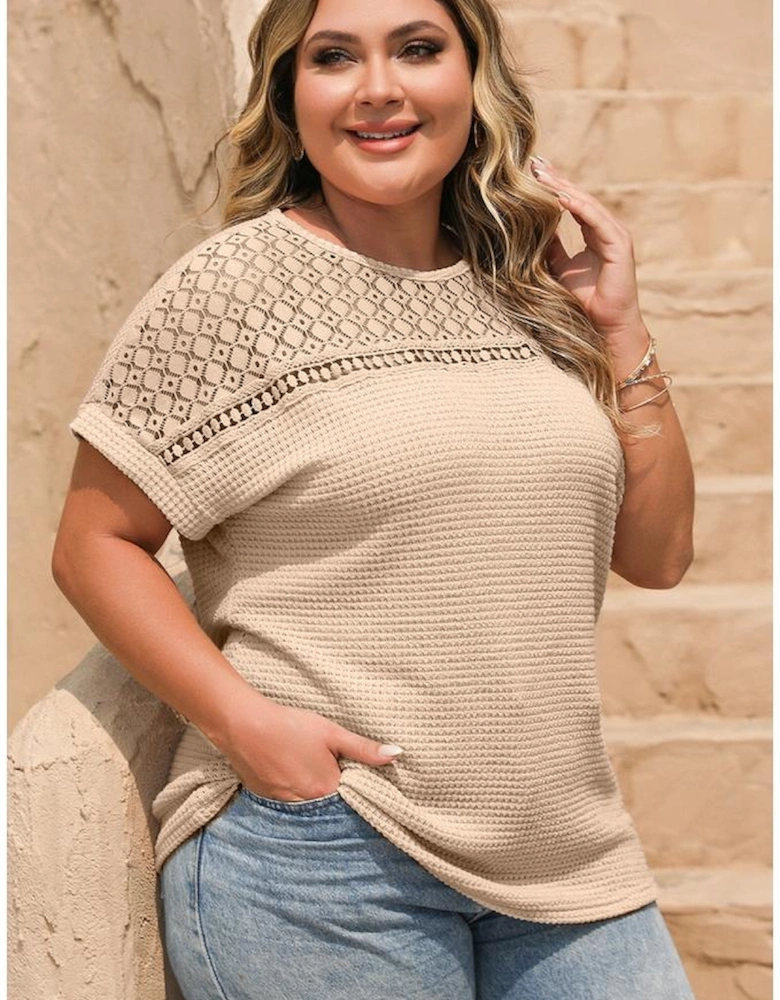 Oatmeal Lace Patchwork Waffle Short Sleeve Plus Size Top