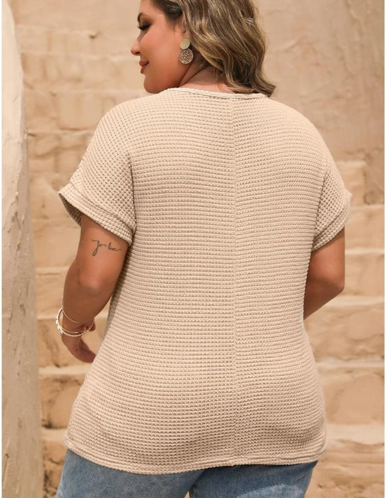 Oatmeal Lace Patchwork Waffle Short Sleeve Plus Size Top