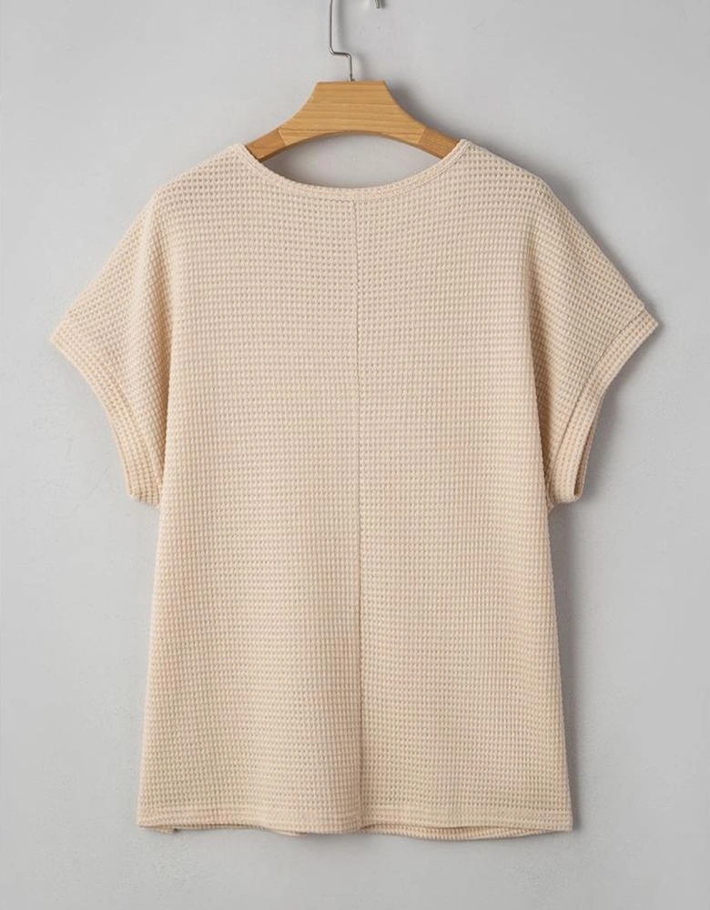 Oatmeal Lace Patchwork Waffle Short Sleeve Plus Size Top