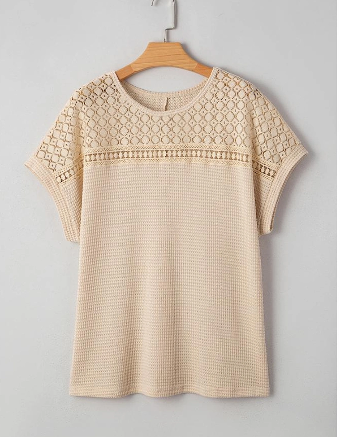 Oatmeal Lace Patchwork Waffle Short Sleeve Plus Size Top