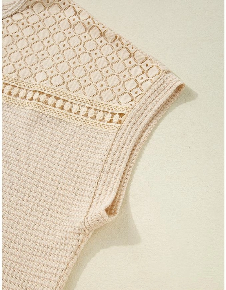 Oatmeal Lace Patchwork Waffle Short Sleeve Plus Size Top