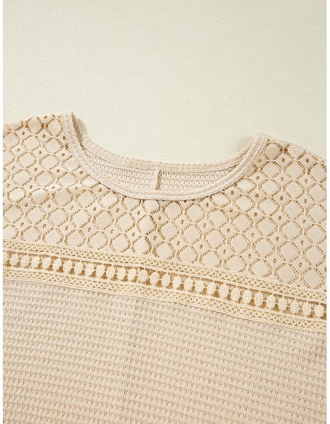 Oatmeal Lace Patchwork Waffle Short Sleeve Plus Size Top