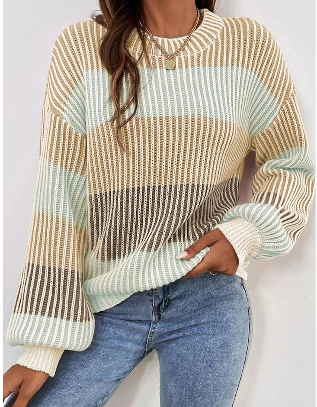 Brown Colorblock Textured Knit Bubble Sleeve Sweater