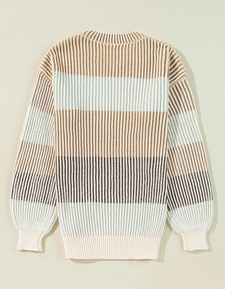 Brown Colorblock Textured Knit Bubble Sleeve Sweater