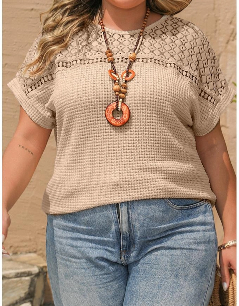 Oatmeal Lace Patchwork Waffle Short Sleeve Plus Size Top