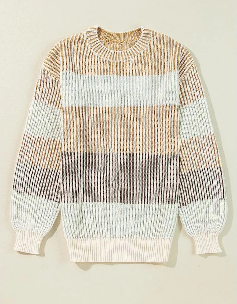 Brown Colorblock Textured Knit Bubble Sleeve Sweater
