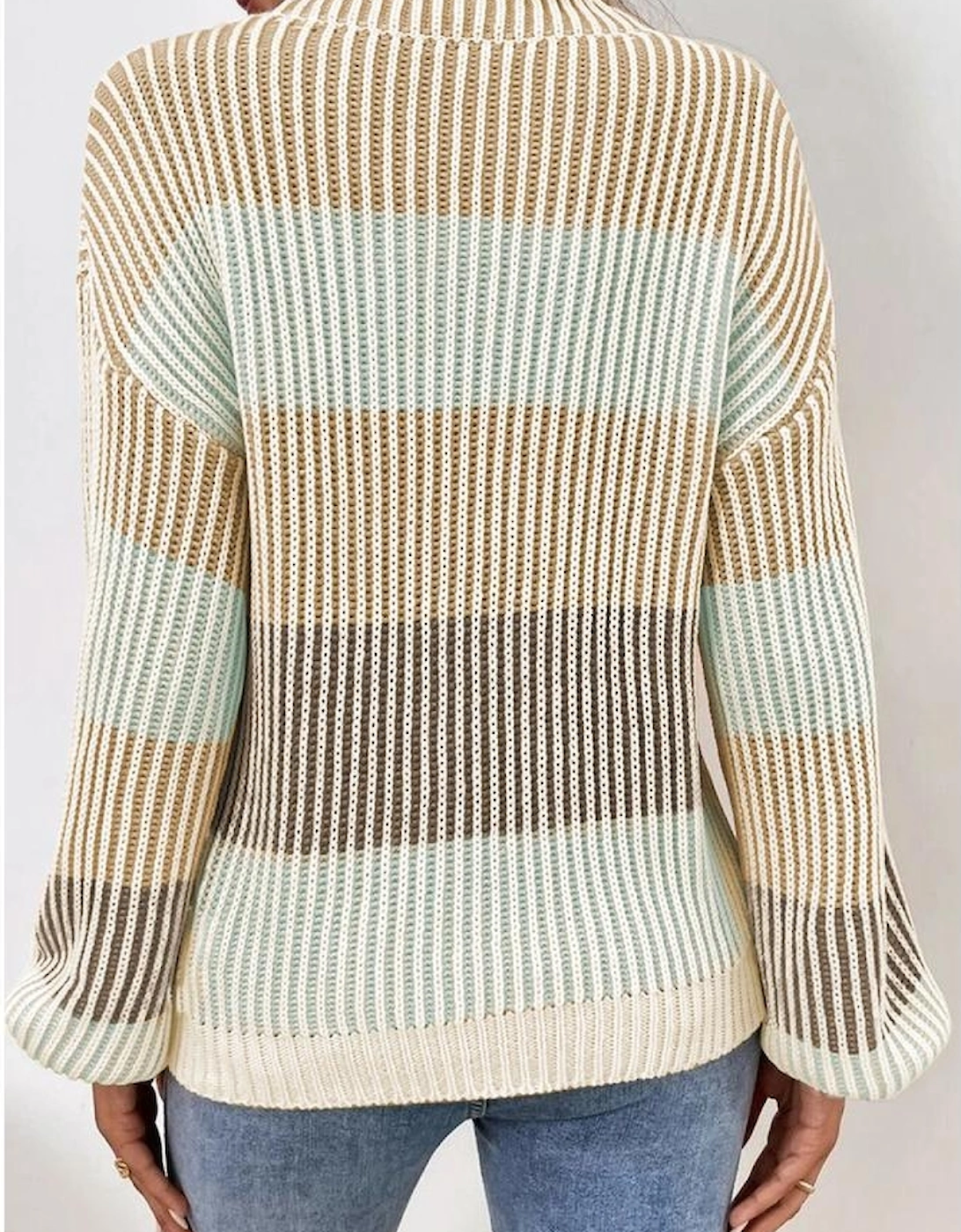 Brown Colorblock Textured Knit Bubble Sleeve Sweater