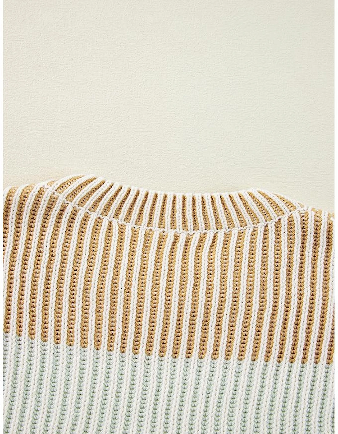 Brown Colorblock Textured Knit Bubble Sleeve Sweater