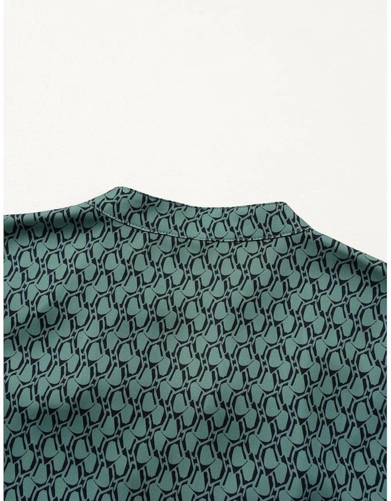Green Geometric Print Notched Neck Puff Sleeve Blouse