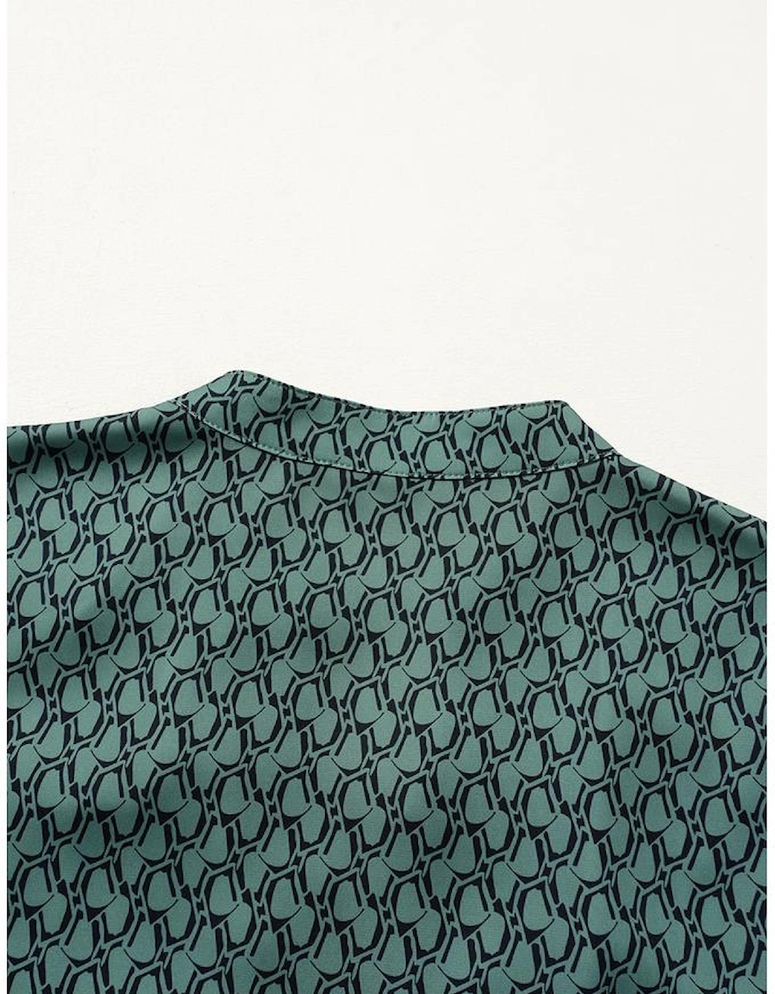 Green Geometric Print Notched Neck Puff Sleeve Blouse