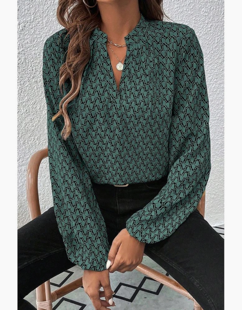 Green Geometric Print Notched Neck Puff Sleeve Blouse