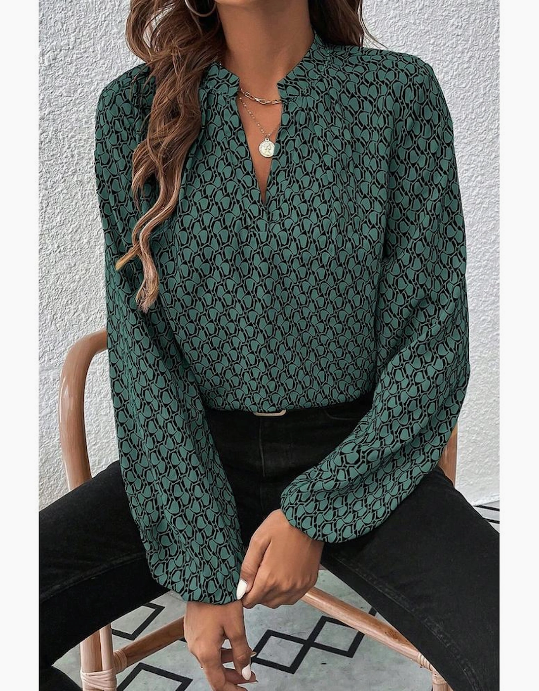Green Geometric Print Notched Neck Puff Sleeve Blouse