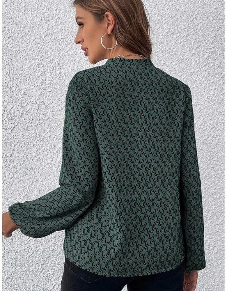 Green Geometric Print Notched Neck Puff Sleeve Blouse