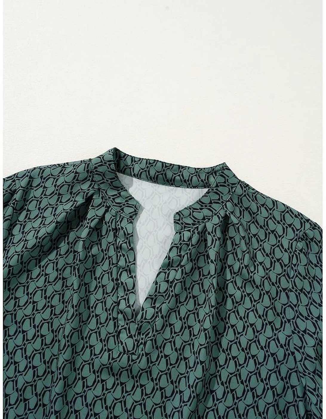 Green Geometric Print Notched Neck Puff Sleeve Blouse