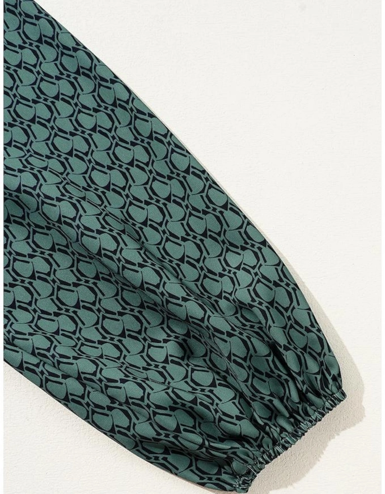 Green Geometric Print Notched Neck Puff Sleeve Blouse