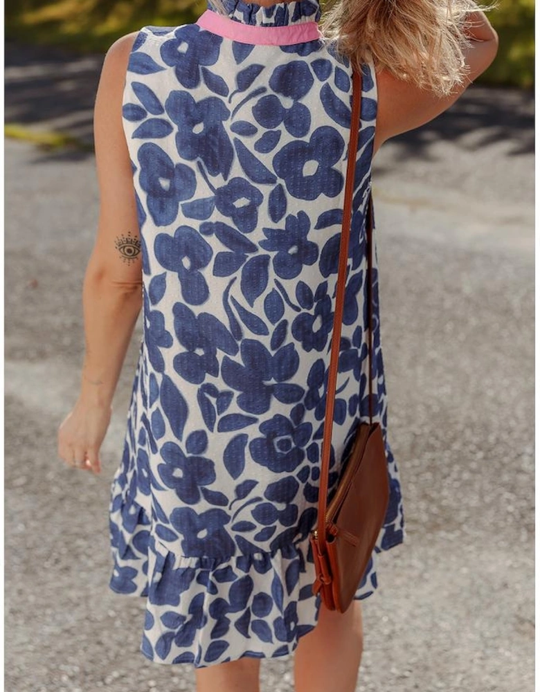 Blue Floral Sleeveless Colorblock Notched V Neck Mini Dress