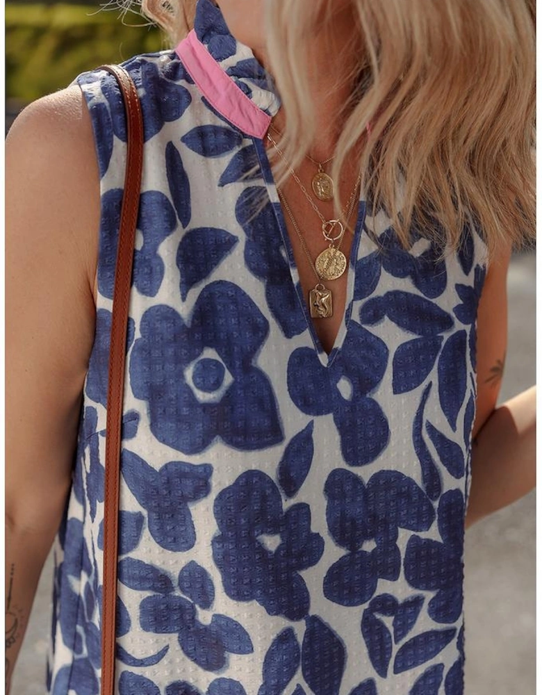 Blue Floral Sleeveless Colorblock Notched V Neck Mini Dress