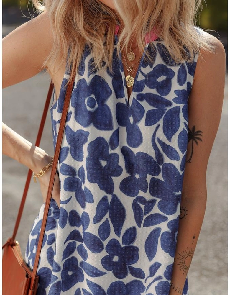 Blue Floral Sleeveless Colorblock Notched V Neck Mini Dress