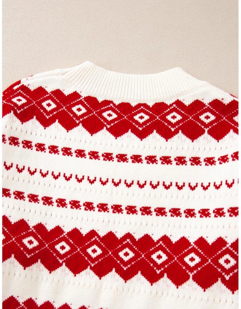 White Western Geometric Patterned Crew Neck Loose Sweater