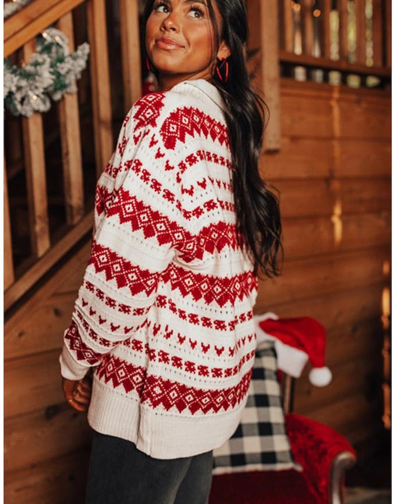 White Western Geometric Patterned Crew Neck Loose Sweater