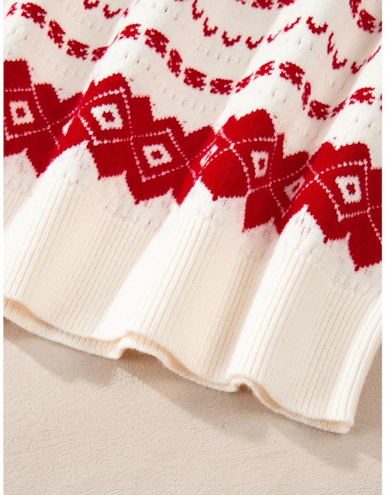 White Western Geometric Patterned Crew Neck Loose Sweater