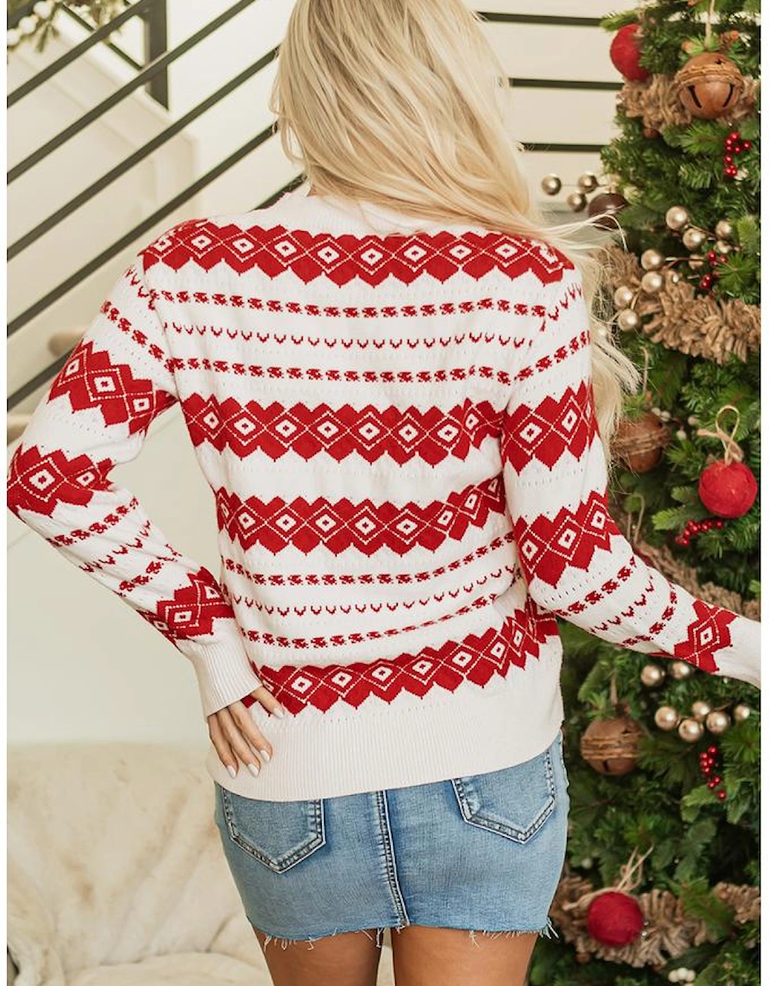 White Western Geometric Patterned Crew Neck Loose Sweater