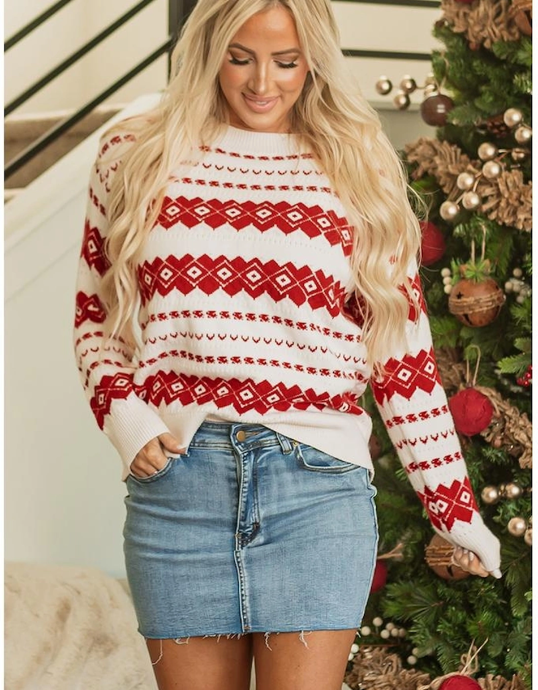 White Western Geometric Patterned Crew Neck Loose Sweater