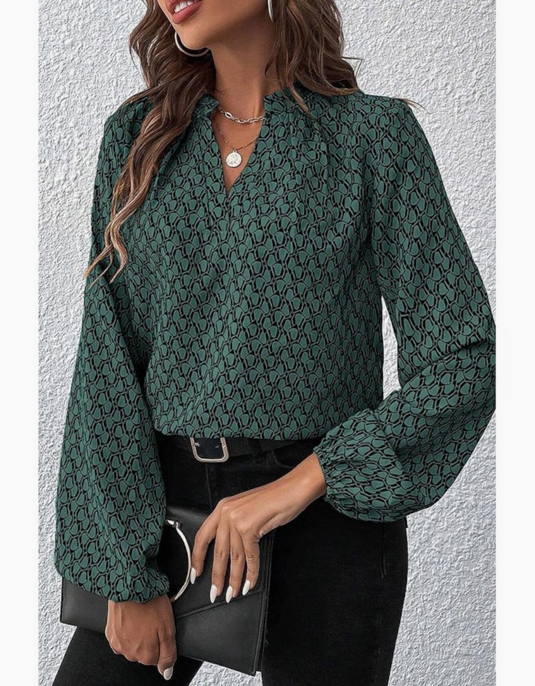 Green Geometric Print Notched Neck Puff Sleeve Blouse