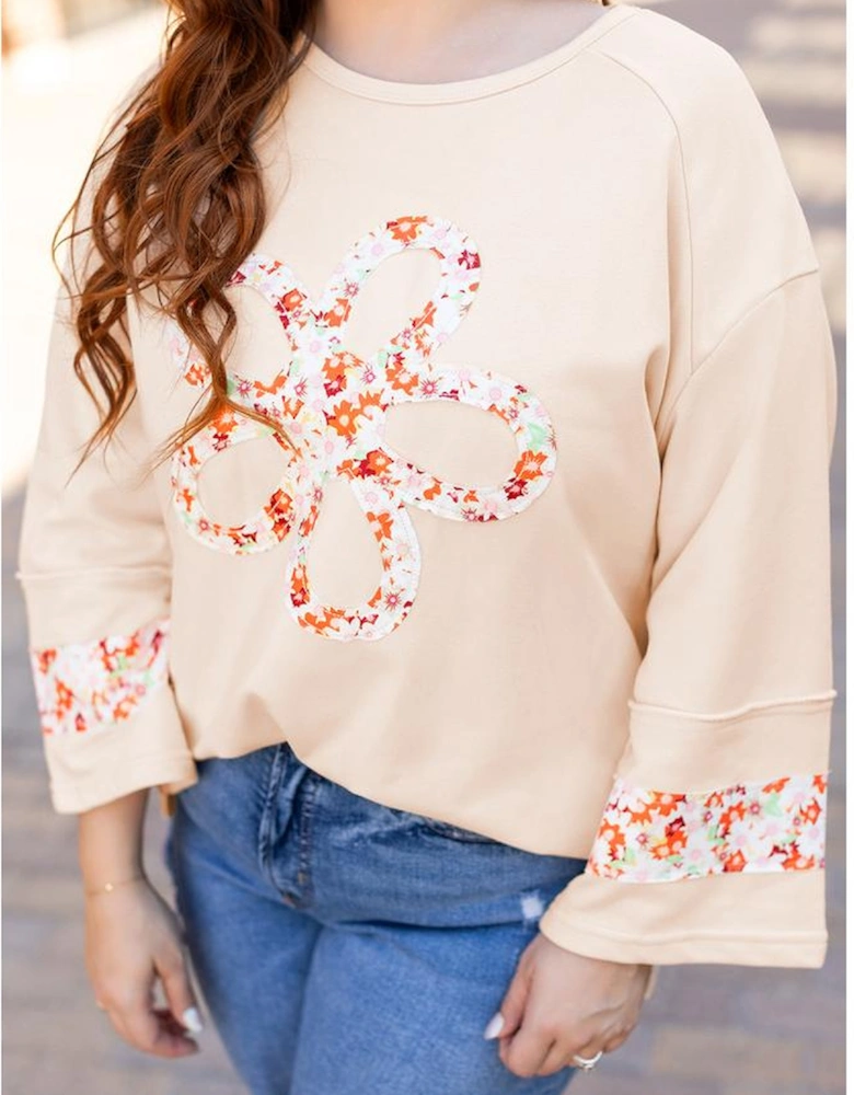 Beige Plus Size Flower Patched Side Slits Crewneck Top