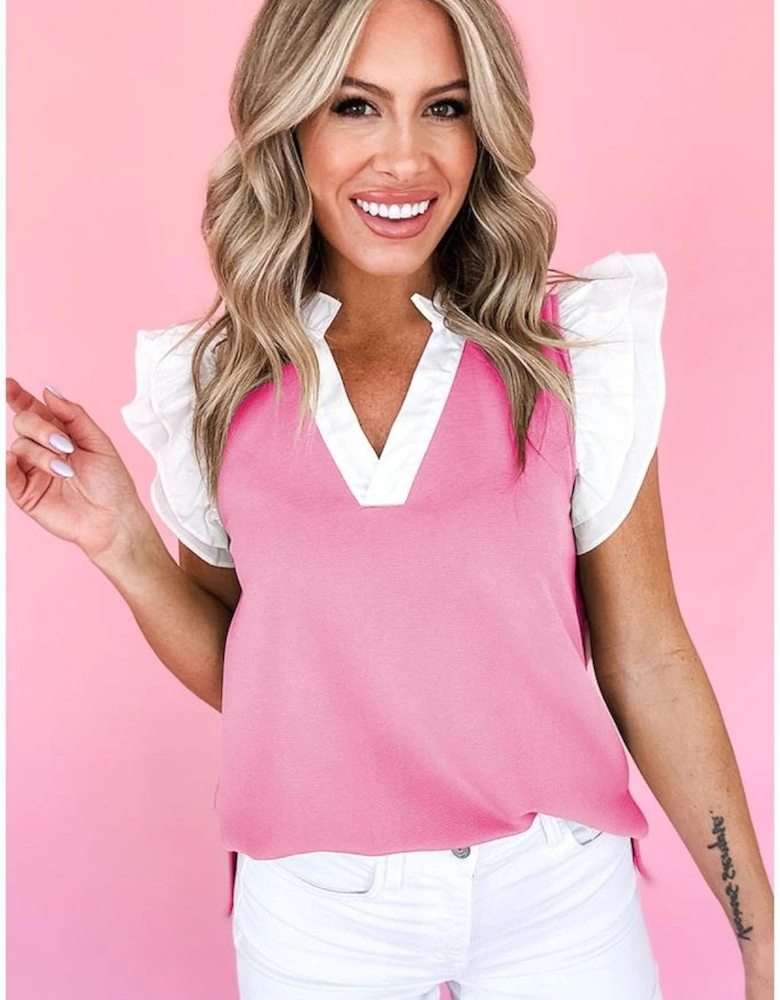 Pink Contrast V Neck Ruffled Textured Knit Top