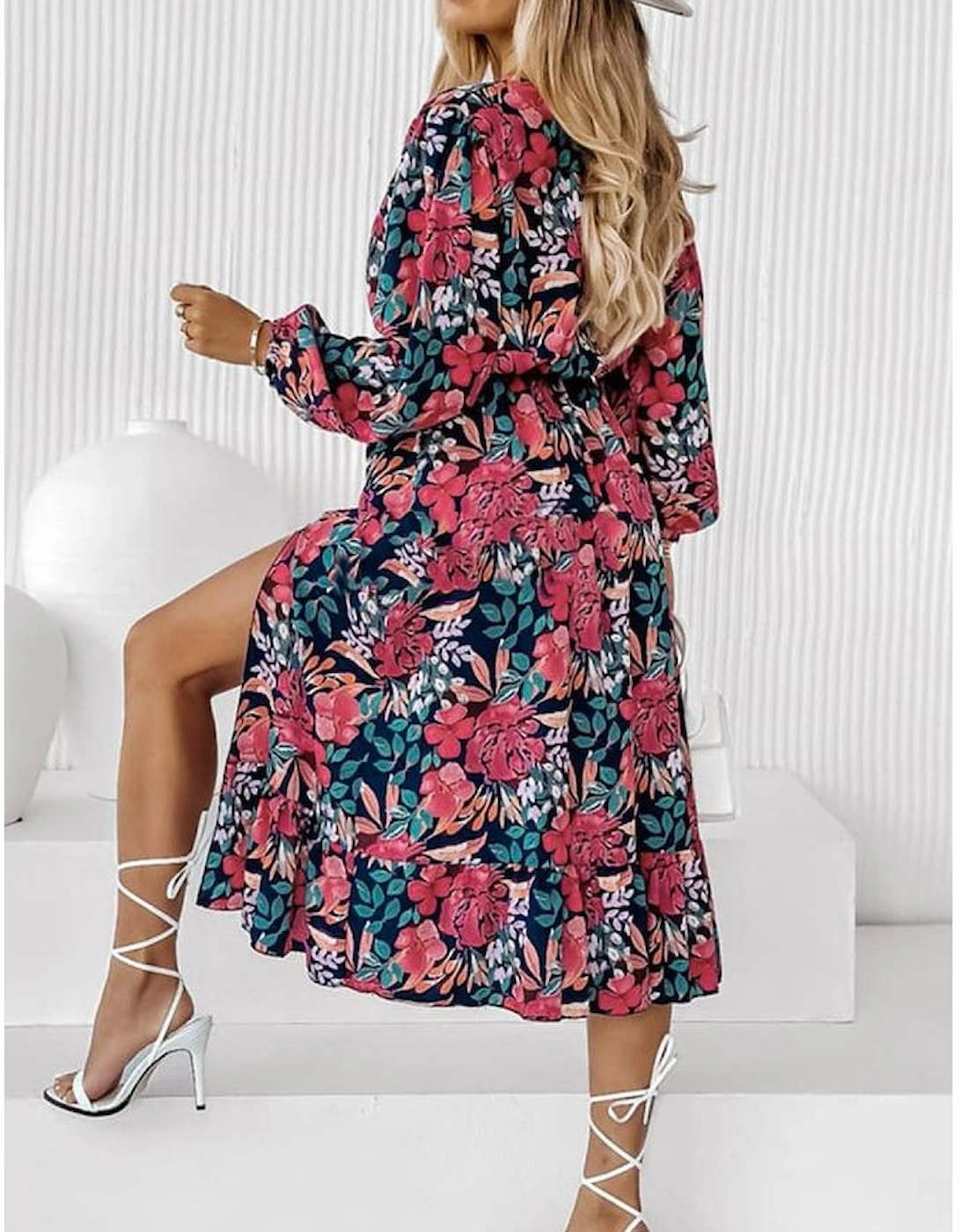 Red V Neck Elastic High Waist Split Floral Dress, 13 of 12