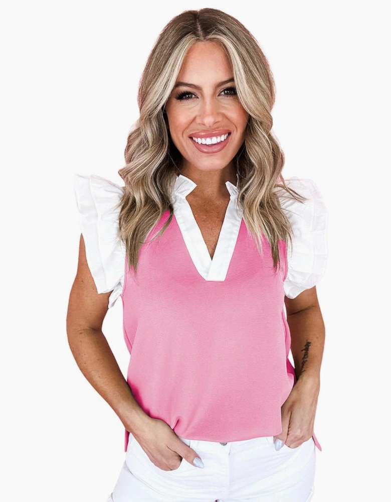 Pink Contrast V Neck Ruffled Textured Knit Top