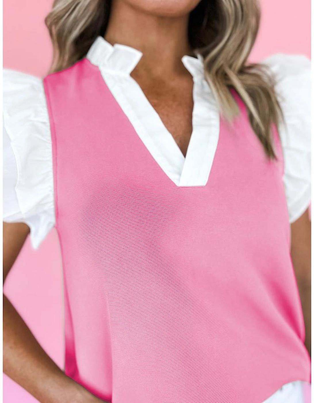 Pink Contrast V Neck Ruffled Textured Knit Top