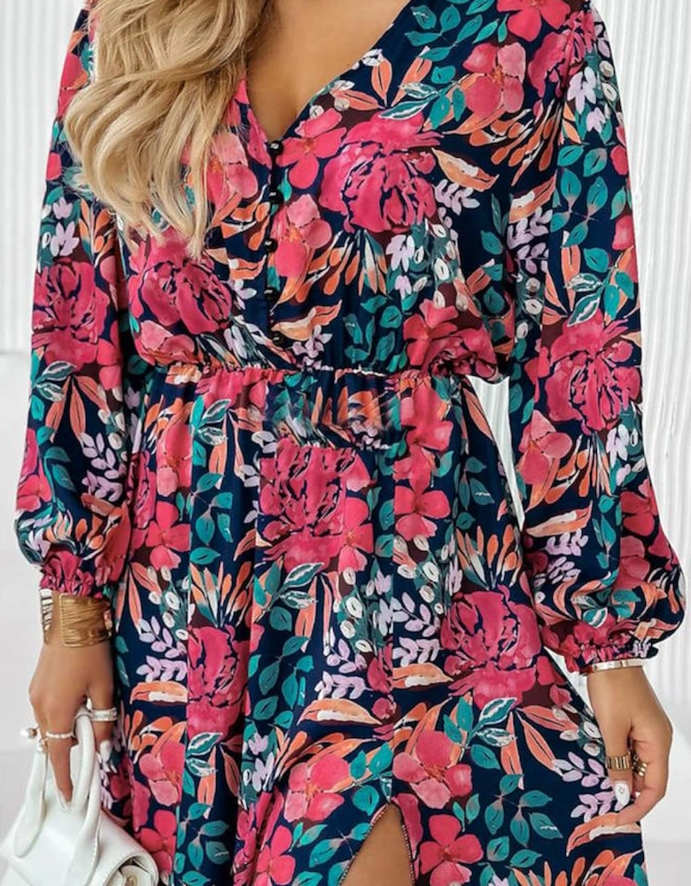 Red V Neck Elastic High Waist Split Floral Dress