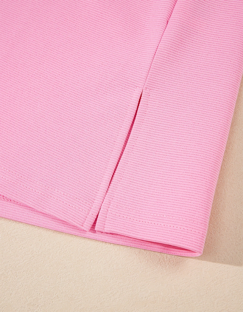 Pink Contrast V Neck Ruffled Textured Knit Top