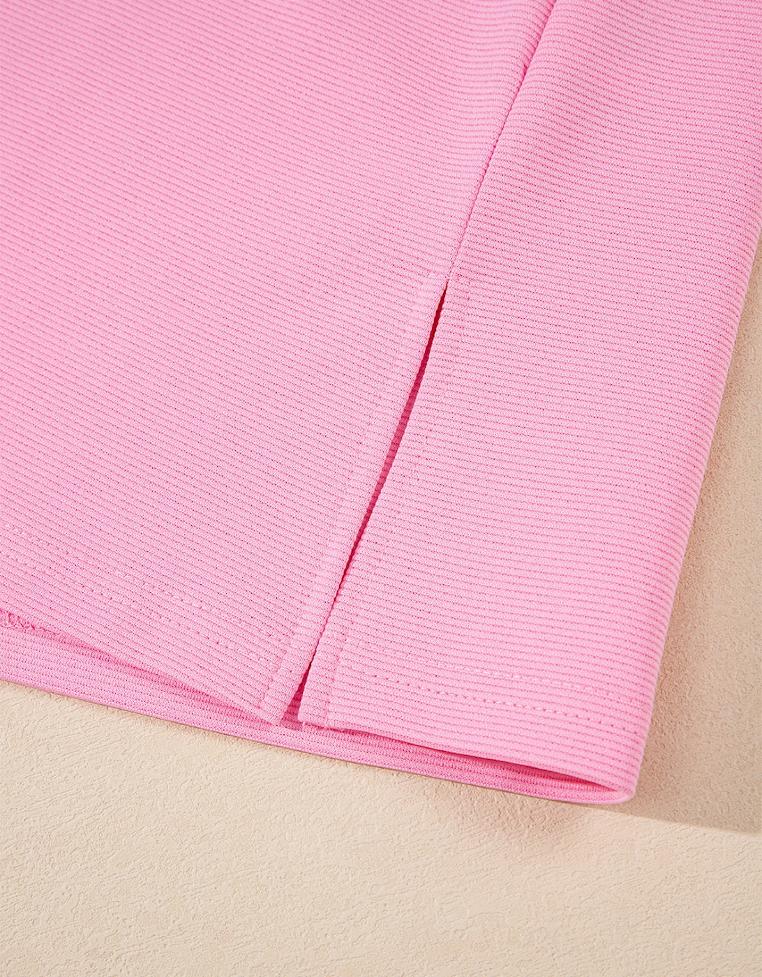 Pink Contrast V Neck Ruffled Textured Knit Top