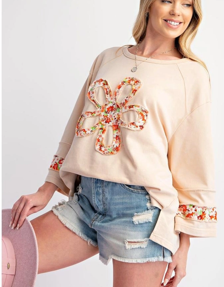 Beige Plus Size Flower Patched Side Slits Crewneck Top
