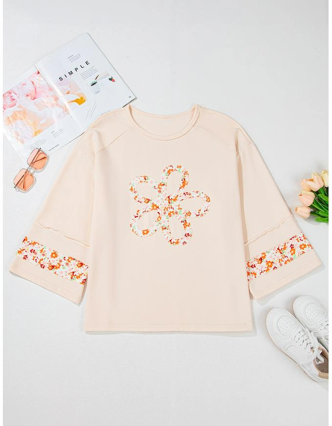 Beige Plus Size Flower Patched Side Slits Crewneck Top