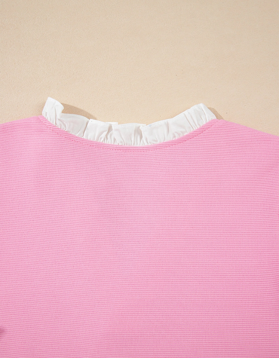Pink Contrast V Neck Ruffled Textured Knit Top