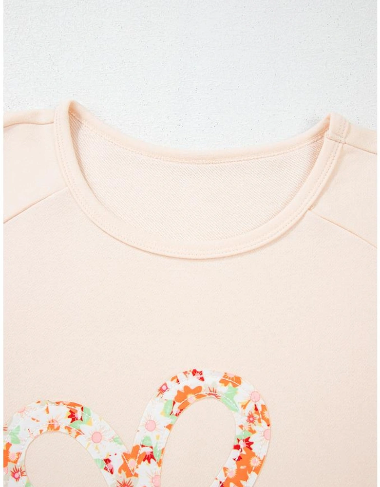 Beige Plus Size Flower Patched Side Slits Crewneck Top