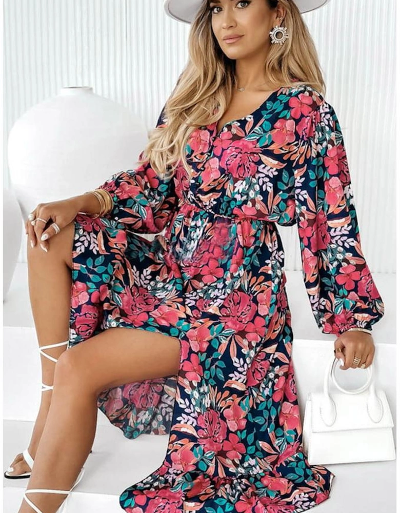 Red V Neck Elastic High Waist Split Floral Dress