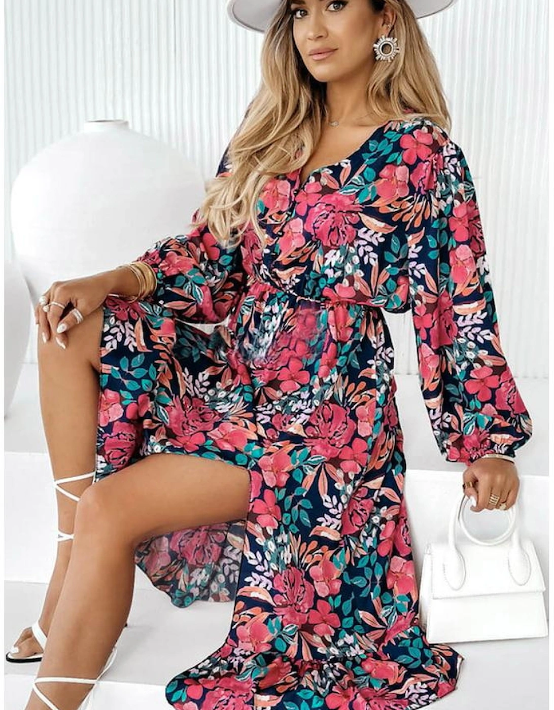 Red V Neck Elastic High Waist Split Floral Dress