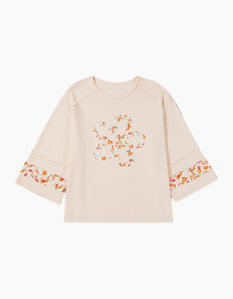 Beige Plus Size Flower Patched Side Slits Crewneck Top