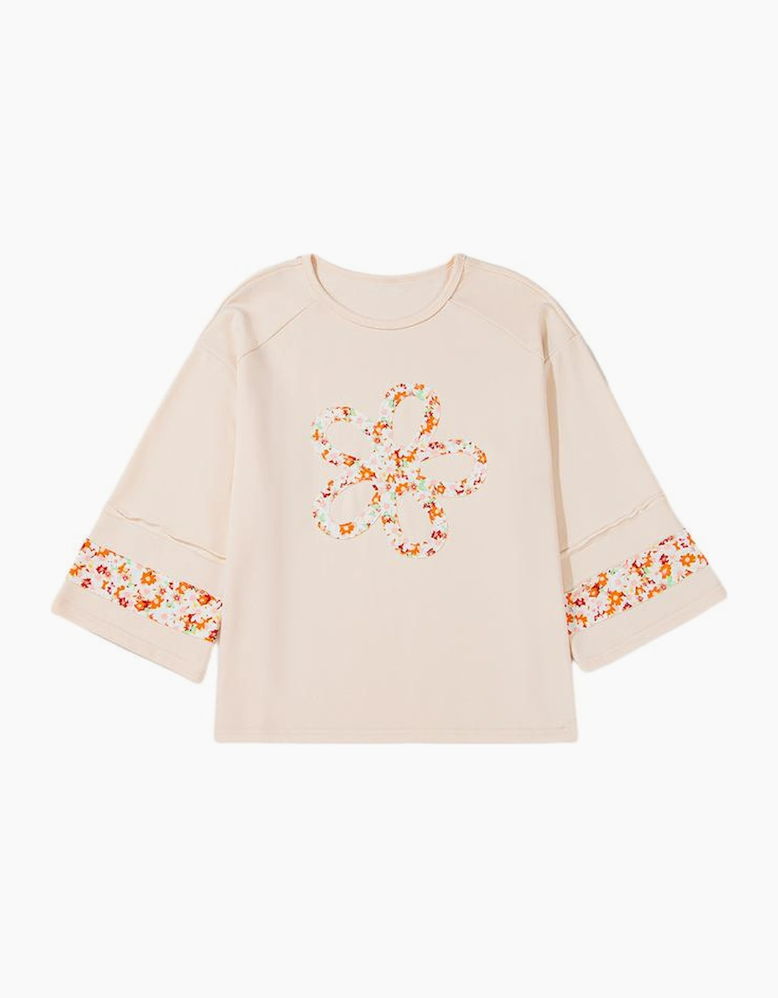 Beige Plus Size Flower Patched Side Slits Crewneck Top