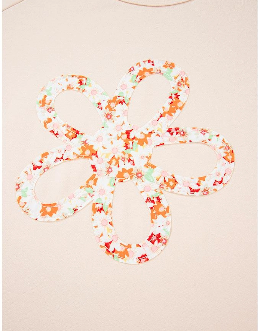 Beige Plus Size Flower Patched Side Slits Crewneck Top